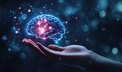 Poster - Digital brain hologram hovering above human hand with glowing particles and bokeh effect