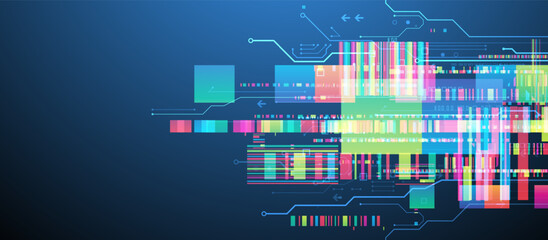 Poster - Technological background with colorful squares glowing on a blue gradient.