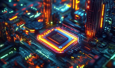 Poster - Futuristic close-up of a glowing microprocessor on a circuit board with vibrant colors