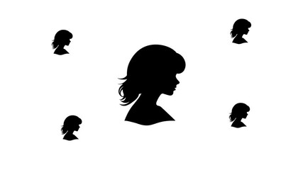 Poster - Zoom in and out animation the woman face profile symbol. Large black symbol in the center and four small symbols around. Seamless looped 4k animation on white background