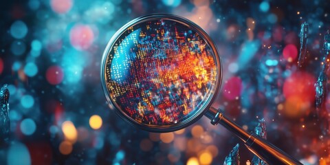 Poster - Magnifying glass revealing vibrant digital data patterns in abstract background
