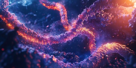 Poster - Abstract glowing strands in vibrant colors creating a mesmerizing digital landscape