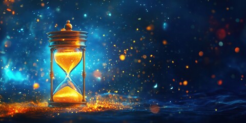 Poster - Glowing hourglass with golden sand against a cosmic background of blue and orange hues