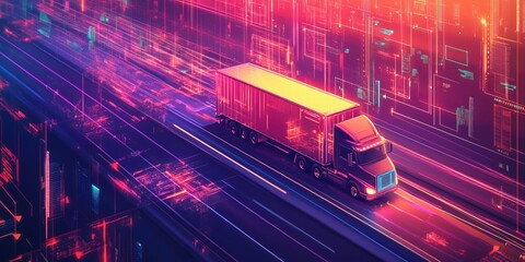 Poster - Futuristic truck driving through digital landscape with vibrant neon colors and motion blur