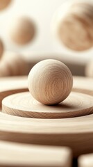 Poster - A smooth wooden sphere perfectly balances on a round wooden disc amidst softly blurred wooden shapes, creating a serene and minimalist atmosphere