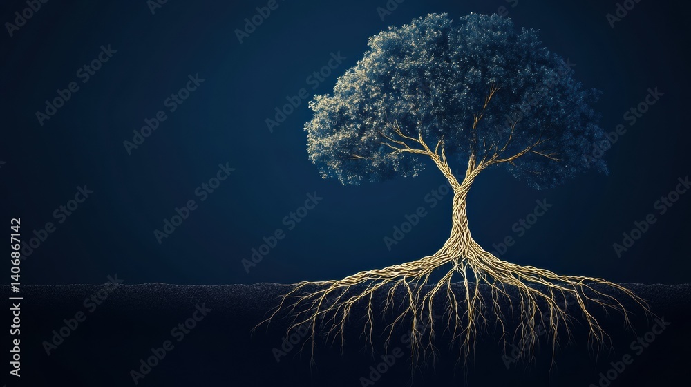 Tree with neural network shaped roots symbolizes organic intelligence ...