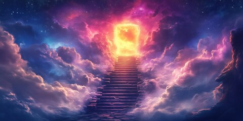 Poster - Stairway to a glowing portal in a vibrant cosmic landscape with colorful clouds