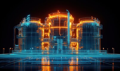Poster - Futuristic industrial facility with glowing blue and orange wireframe design