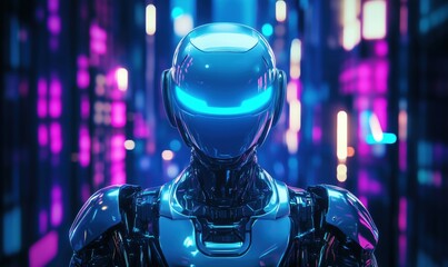 Poster - Futuristic humanoid robot with glowing blue eyes in neon cityscape background