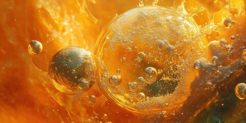 Poster - Bubbles in golden liquid creating mesmerizing abstract patterns and textures