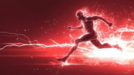 Fototapete - Dynamic figure in a powerful run surrounded by energy bursts against a vibrant red backdrop