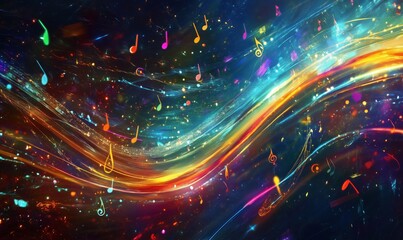 Poster - Colorful abstract music notes flowing through vibrant cosmic background