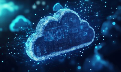Poster - Digital cloud computing concept with glowing data connections and binary code