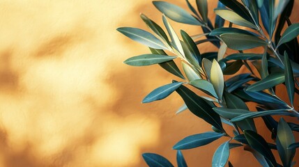 Poster - Delicate olive leaves unfold gracefully, showcasing rich green hues. The soft, warm background enhances their beauty, suggesting warmth and tranquility in a sunlit afternoon