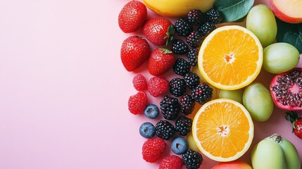 Aufkleber - Vibrant arrangement of fresh fruits and berries on soft pastel background in clean minimal style