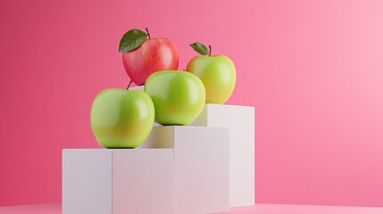 Poster - Apples on minimal white podiums, candy pink backdrop emphasizing vibrant color