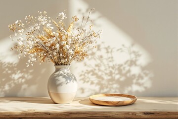 Poster - Elegant vase with dried flowers on wooden table in soft sunlight.