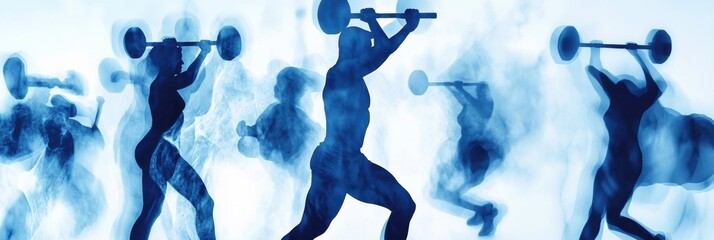 Poster - Dynamic silhouettes of fitness enthusiasts lifting weights in a vibrant workout environment