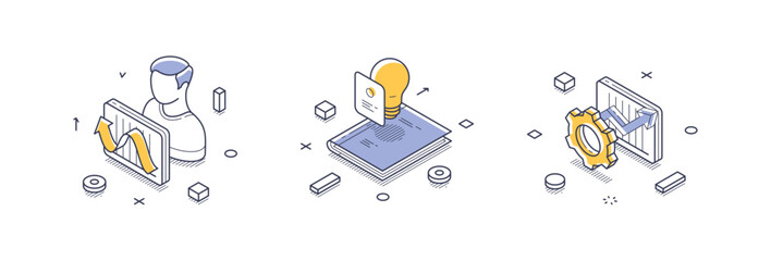 Poster - Three isometric line icons represent essential business solutions. Data analysis, innovative ideas, process improvement. Vector illustration