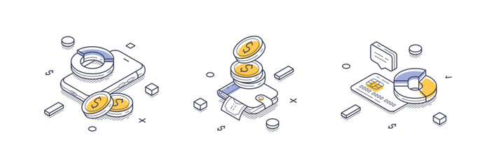 Aufkleber - isometric line icons showcase various finance and banking themes, including digital transactions, cu