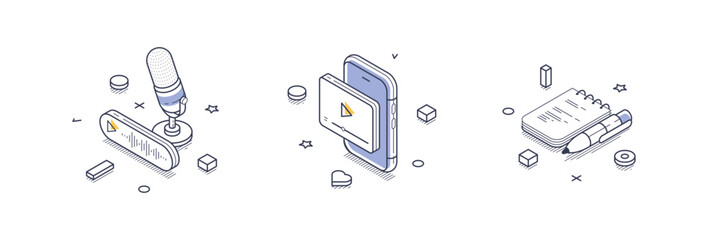 Poster - Essential tools for content creation, artwork features a microphone for audio recording, a smartphone for capturing video, and a notebook for planning and notes. Modern isometric line icons