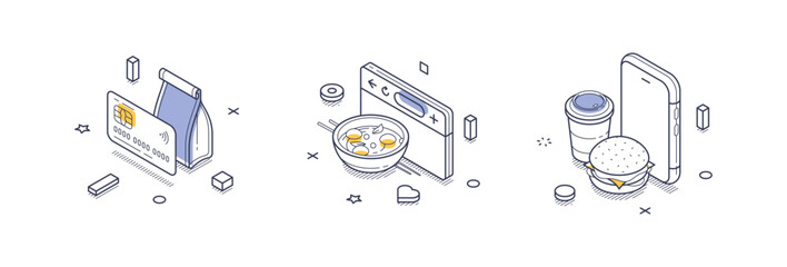 Poster - Isometric line icons illustrating essential components of food delivery, including a payment card, a bowl of food, and a smartphone with a beverage and burger