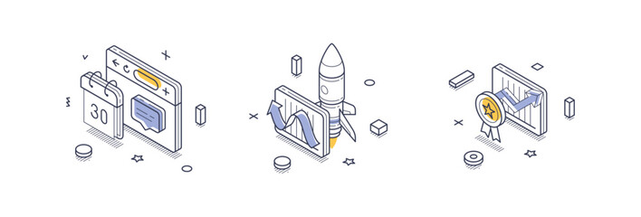 Aufkleber - isometric line icons illustrate key aspects of a business startup, including project timeline, launc