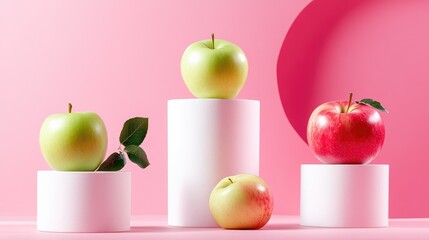 Poster - Clean and bold fruit display with apples on white cylinder stands and pink background