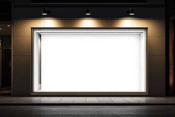 Poster - Blank illuminated storefront display mockup at night.