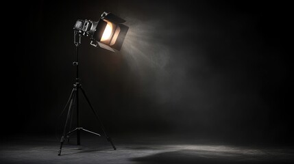 Poster - Dramatic light with halogen bulb and classic Fresnel lens, glowing in black studio