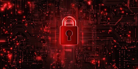 Fototapete - Digital security lock on circuit board background with red glowing effects