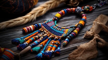 Aufkleber - Handmade tribal necklace showcasing detailed embroidery, bright beads, and ethnic style