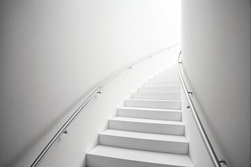Leinwandbilder - Minimalist white staircase with metal handrails in bright space.