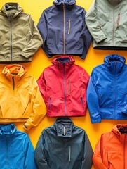 Poster - Colorful street jackets arranged in neat rows on a vibrant background showcasing modern design and textile textures