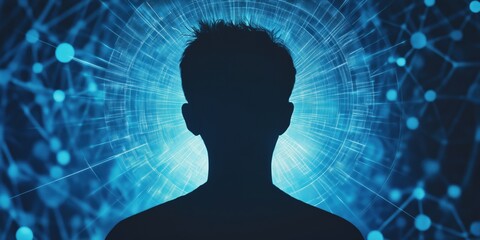 Poster - Silhouette of a person with glowing blue neural network background representing consciousness