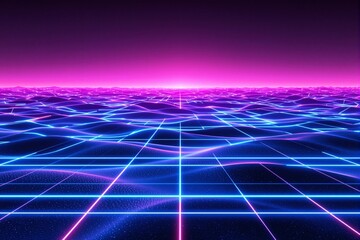 Poster - Futuristic neon grid landscape with glowing blue and pink lines on a dark background.