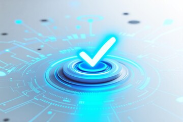 Poster - Glowing blue checkmark on futuristic digital interface.