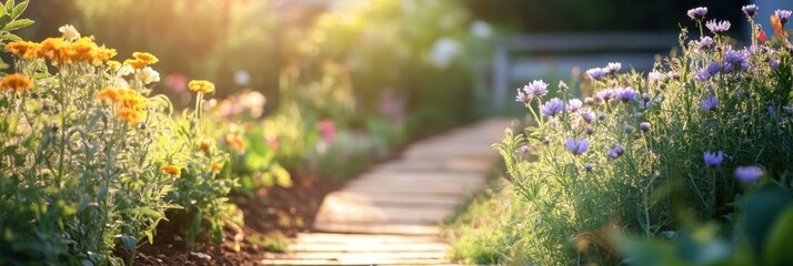 Aufkleber - Colorful flowers and fresh vegetables fill a sunlit garden path in a serene outdoor setting during late afternoon hours