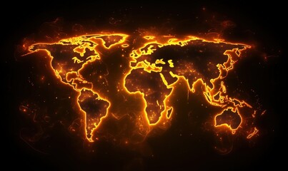 Poster - Glowing fiery world map illustration with vibrant orange and black background