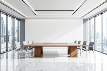 Poster - Modern business conference room with wooden table and chairs.