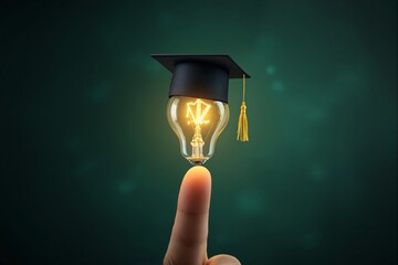 Poster - Light bulb with graduation cap balanced on fingertip symbolizing knowledge and education on dark green background.