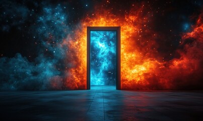 Poster - Cosmic doorway between fiery and icy realms in a starry universe