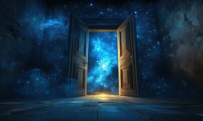 Poster - Open door revealing cosmic galaxy scene with stars and nebulae