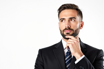 Poster - Thoughtful businessman in suit looking away with hand on chin.