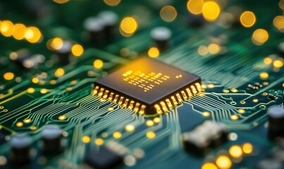 Poster - close-up of microchip on circuit board with glowing lights and intricate patterns