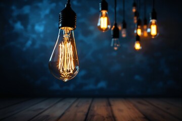 Poster - Glowing vintage light bulbs hanging against dark blue blurred background.