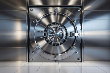 Poster - Secure metallic bank vault door with intricate locking mechanism.