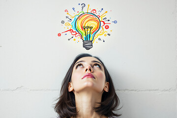 Poster - Woman looking up with creative colorful lightbulb illustration above her head.