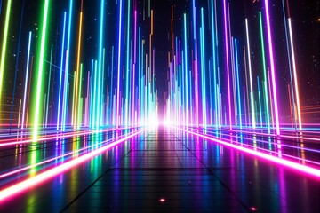 Poster - Futuristic neon light tunnel with glowing vertical lines.