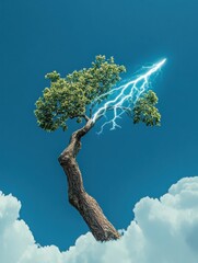Poster - Tree branch shaped like a lightning bolt represents natural power in a vivid sky during the day with clouds surrounding the striking formation